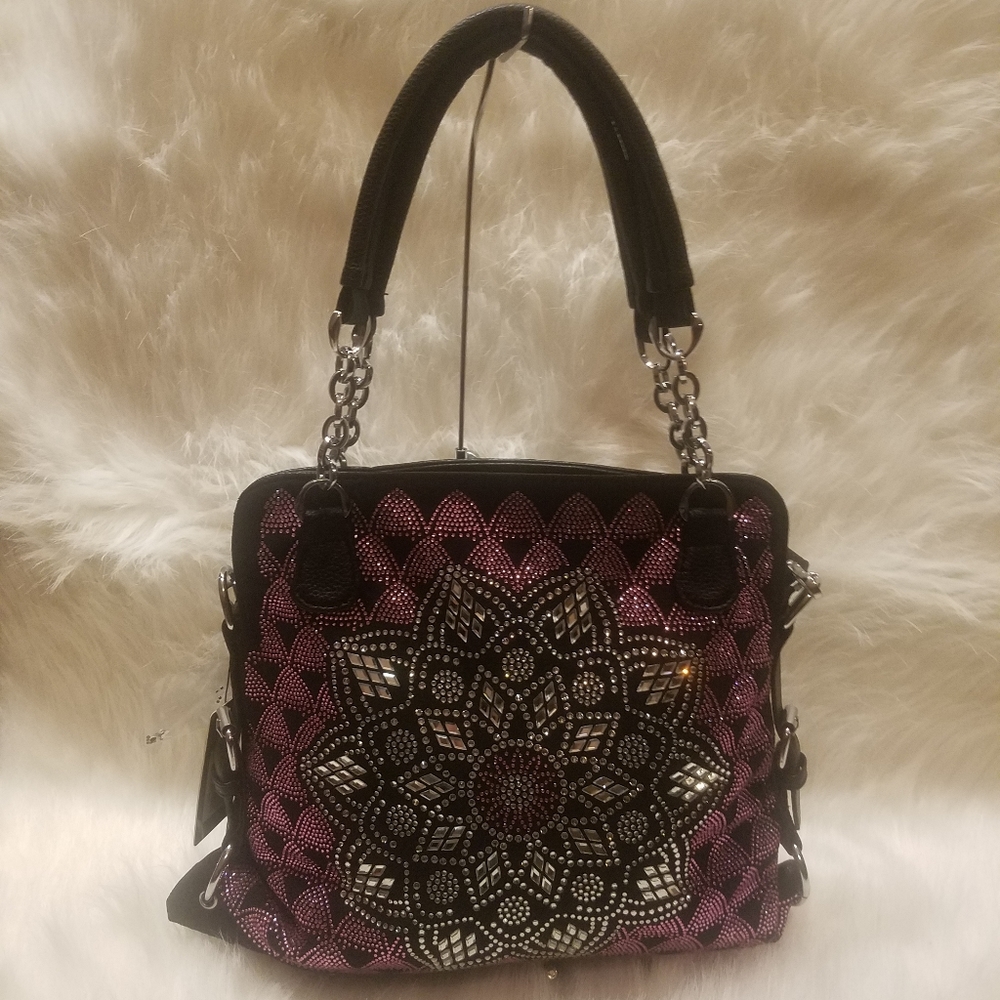 BLACK AND PINK BOHO INSPIRED RHINESTONE PATTERN HANDBAG